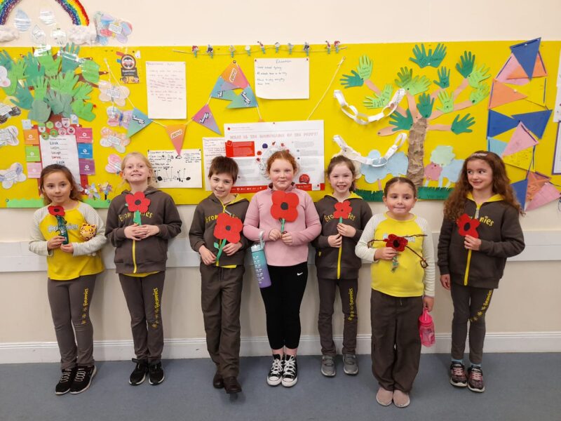 Georgia, Karis, Thora, Caris, Matilda, Tiana and Anna show off their poppy creations 