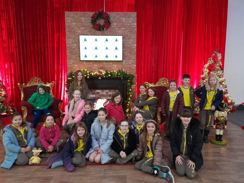 A group of Brownies sitting in front of a Christmas scene featuring a fire place and festive decor